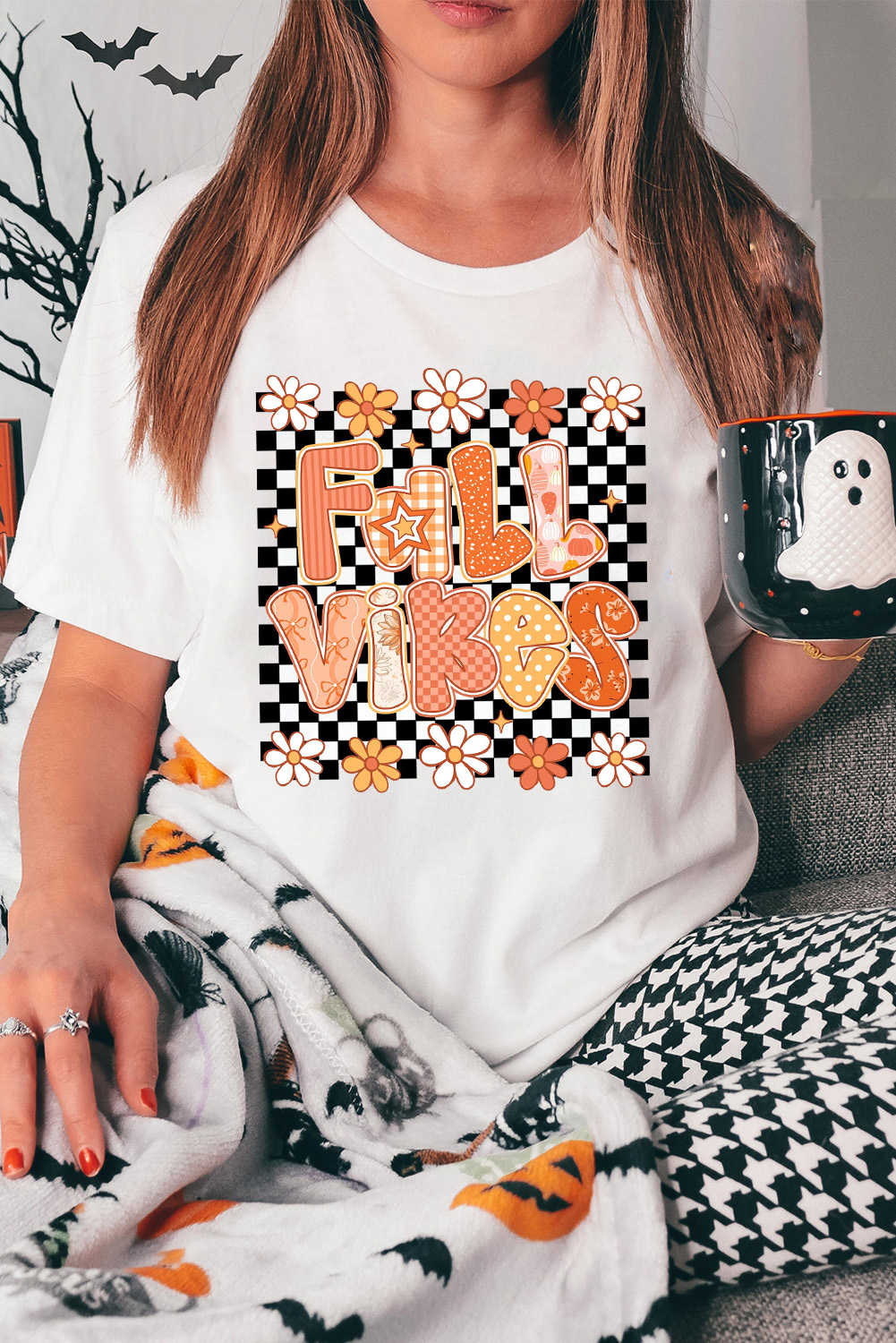 White FALL VIBES Heat Transfer Printing Cute Graphic Tee
