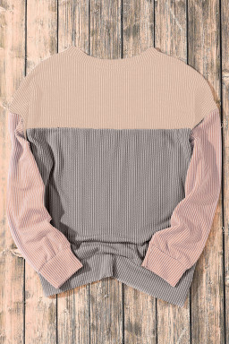 Multicolor Colorblock Ribbed Loose Long Sleeve Top