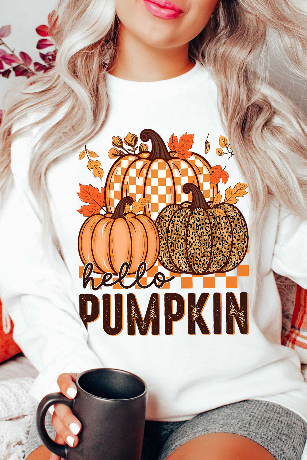 White Hello Pumpkin Thanksgiving Heat Transfer Printing Graphic Sweatshirt