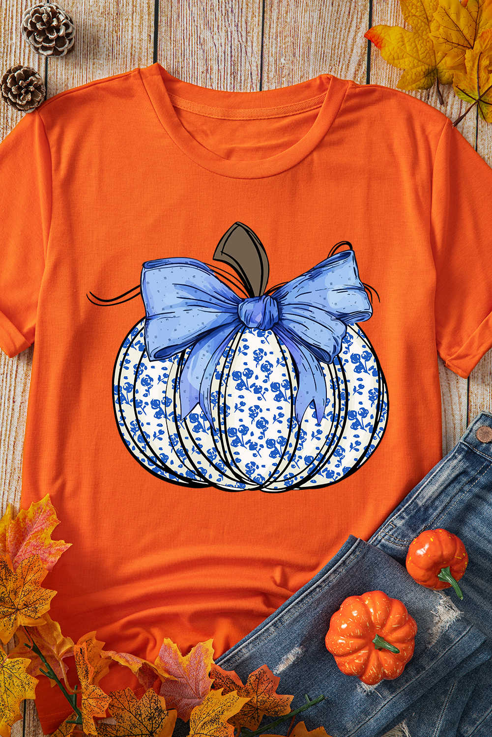 Orange Floral Pumpkin Bow Heat Transfer Printing Thanksgiving T Shirt