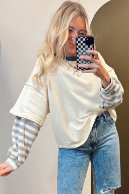 Beige Striped Patchwork Two-in-one Long Sleeve Top