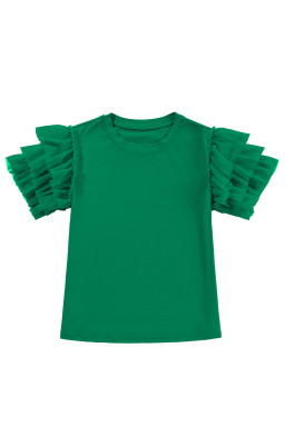 Dark Green Plain Tulle Round Neck Ruffle Sleeve Blouse