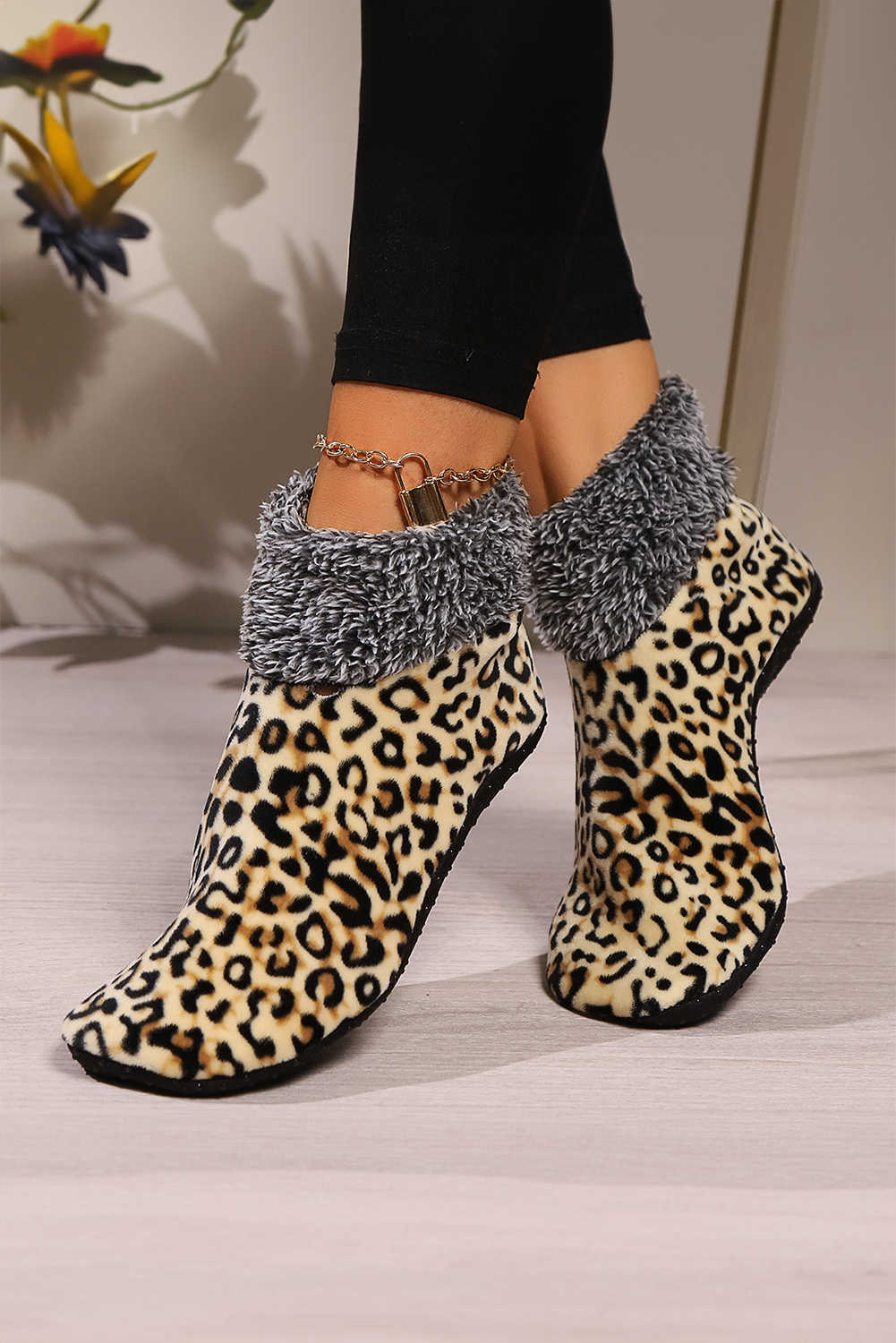 Beige Leopard Print Anti Skid Warm Slipper Socks