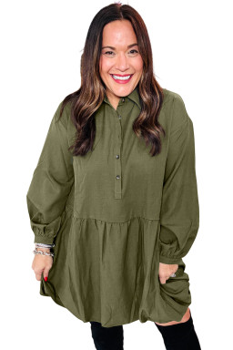 Green Plus Size Long Sleeve Ruffle Hem Mini Shirt Dress