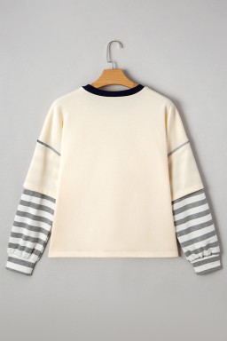 Beige Striped Patchwork Two-in-one Long Sleeve Top
