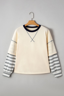 Beige Striped Patchwork Two-in-one Long Sleeve Top