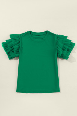 Dark Green Plain Tulle Round Neck Ruffle Sleeve Blouse