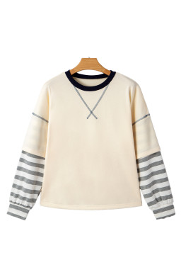 Beige Striped Patchwork Two-in-one Long Sleeve Top