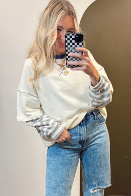 Beige Striped Patchwork Two-in-one Long Sleeve Top