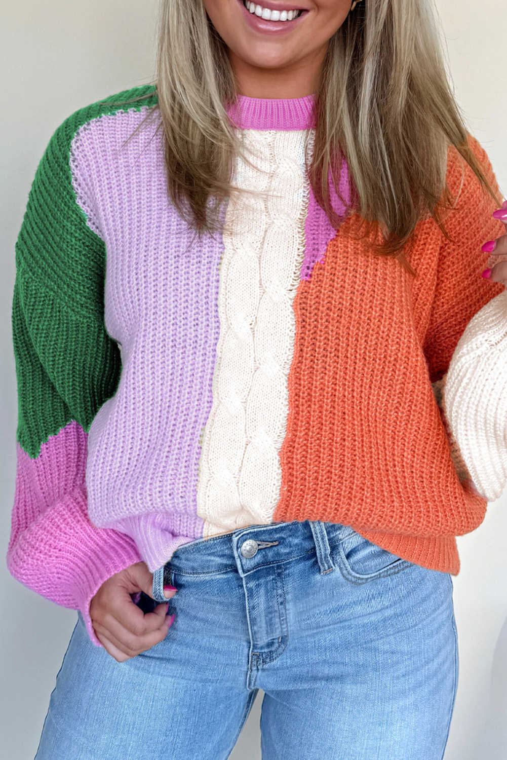 Desert Gold Colorblock Knit Drop Shoulder Loose Fit Sweater