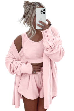Light Pink Shirred Hem Crop Tank Top Loose Shorts Cardigan 3 Piece Pajama Set