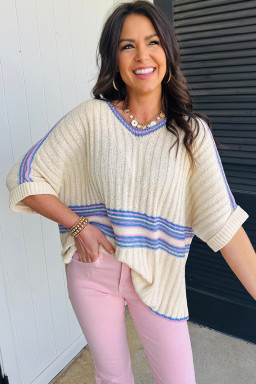 White Striped V Neck Dolman Sleeve Knit Sweater