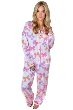 Pink Striped Bow Print Piping Trim Shirt and Pants 2pcs Pajama Set