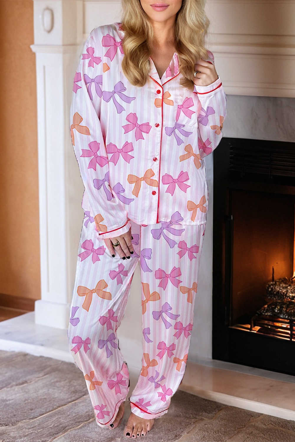 Pink Striped Bow Print Piping Trim Shirt and Pants 2pcs Pajama Set