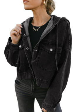 Black Chest Pocket Drop Shoulder Hooded Denim Jacket