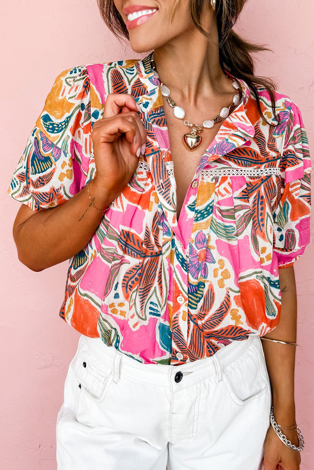 Rose Tropical Print Pleated Button Up Short Sleeve Shirt
