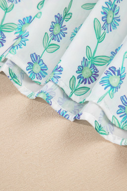 Green Floral Print Striped Trim Contrast V Neck Patchwork Boho Blouse