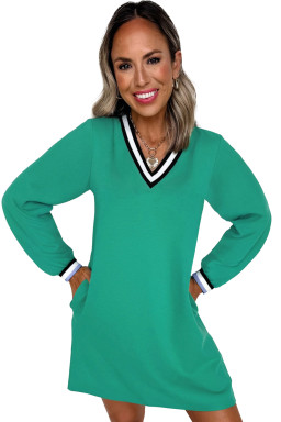 Mint Green Preppy Contrast Striped V Neck Long Sleeve T-shirt Dress