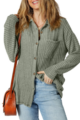 Mist Green Thermal Ribbed Texture Drop Shoulder Button Up Shirt