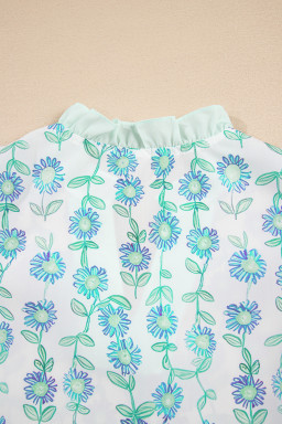 Green Floral Print Striped Trim Contrast V Neck Patchwork Boho Blouse