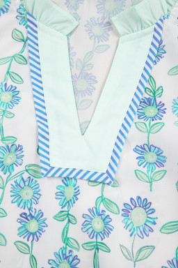 Green Floral Print Striped Trim Contrast V Neck Patchwork Boho Blouse