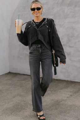 Black Chest Pocket Drop Shoulder Hooded Denim Jacket