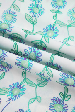 Green Floral Print Striped Trim Contrast V Neck Patchwork Boho Blouse