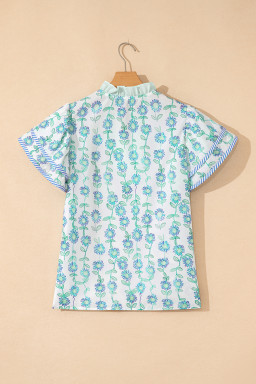 Green Floral Print Striped Trim Contrast V Neck Patchwork Boho Blouse