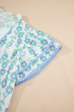 Green Floral Print Striped Trim Contrast V Neck Patchwork Boho Blouse