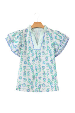 Green Floral Print Striped Trim Contrast V Neck Patchwork Boho Blouse