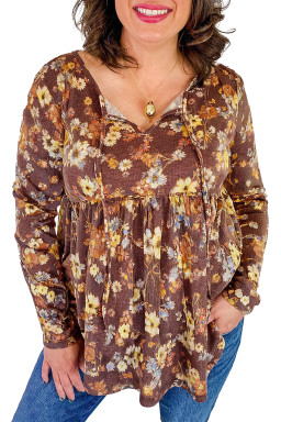 Khaki Floral Textured Long Sleeve Tie Neck Plus Size Babydoll Blouse