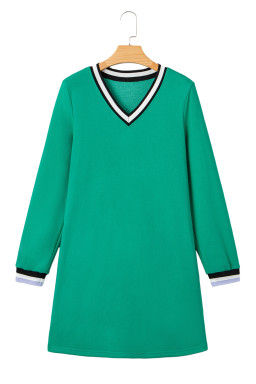 Mint Green Preppy Contrast Striped V Neck Long Sleeve T-shirt Dress
