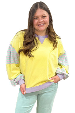 Yellow Striped Colorblock Patchwork Plus Size Pullover Sweatshirt