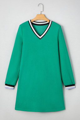 Mint Green Preppy Contrast Striped V Neck Long Sleeve T-shirt Dress