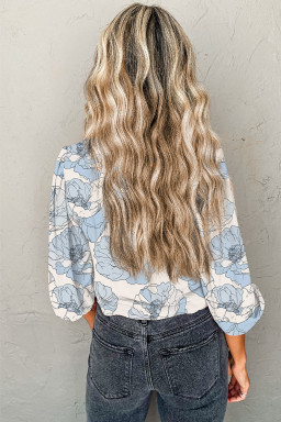 Sky Blue Floral Print Frilly Smocked Square Neck Long Sleeve Blouse