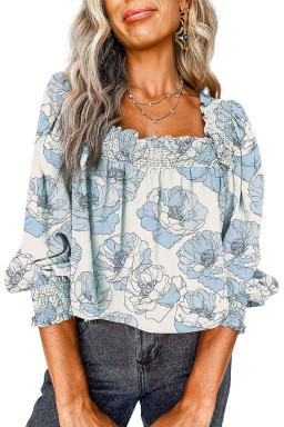 Sky Blue Floral Print Frilly Smocked Square Neck Long Sleeve Blouse