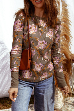 Brown Floral Print Waffle Textured Long Sleeve Top