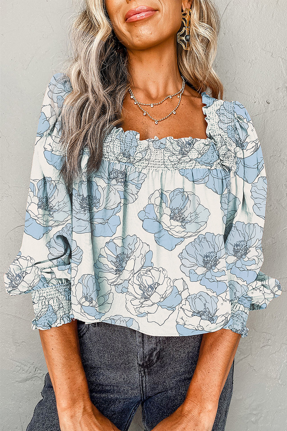 Sky Blue Floral Print Frilly Smocked Square Neck Long Sleeve Blouse