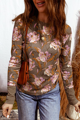 Brown Floral Print Waffle Textured Long Sleeve Top