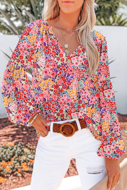 Red Boho Floral Print V Neck Long Sleeve Blouse