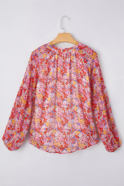 Red Boho Floral Print V Neck Long Sleeve Blouse
