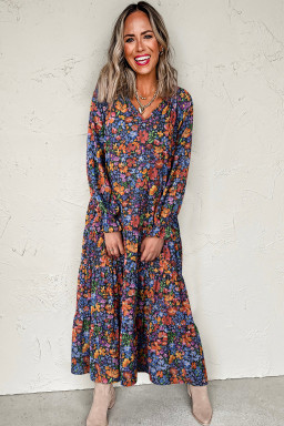 Blue Floral Print V Neck Long Sleeve Flowy Maxi Dress