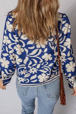 Blue Flower Print Open Front Buttoned Cuffs Jacket