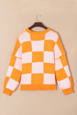 Orange & White Plaid Exposed Seam Bishop Sleeve Sweater