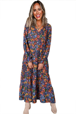 Blue Floral Print V Neck Long Sleeve Flowy Maxi Dress