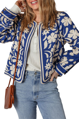 Blue Flower Print Open Front Buttoned Cuffs Jacket