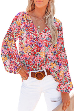 Red Boho Floral Print V Neck Long Sleeve Blouse