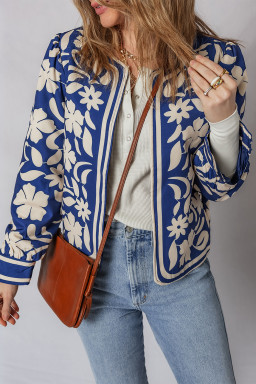 Blue Flower Print Open Front Buttoned Cuffs Jacket
