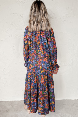 Blue Floral Print V Neck Long Sleeve Flowy Maxi Dress