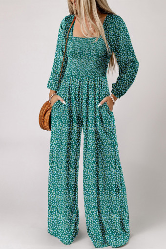 Green Floral Print Shirred Bodice Square Neck Wide Leg Jumpsuit